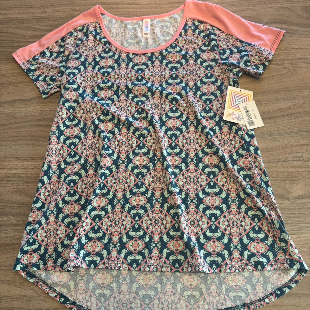 LuLaRoe Geometric Floral Short Sleeve Top - Pink and Blue